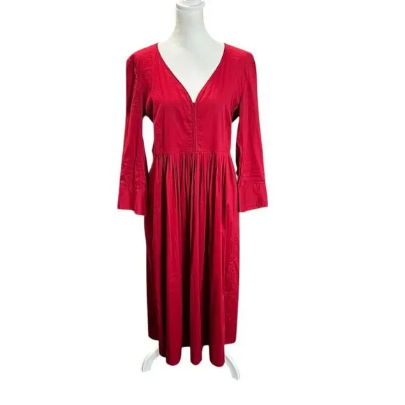 S Max Mara Red V Neck Midi Dress Pleated Waist Long Sleeve Size 10 - Picture 2 of 6